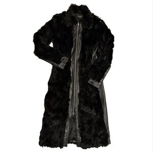 Bebe Black Rabbit Fur Genuine Leather Trench Coat XS